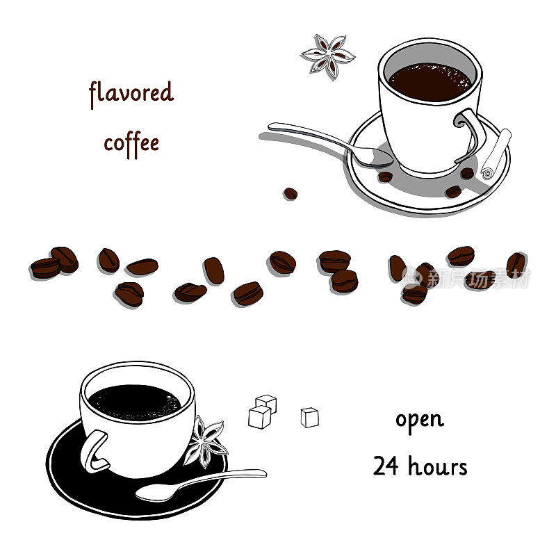 一杯用茶托和茶匙的咖啡。肉桂，糖块，八角和咖啡豆。手绘矢量图。