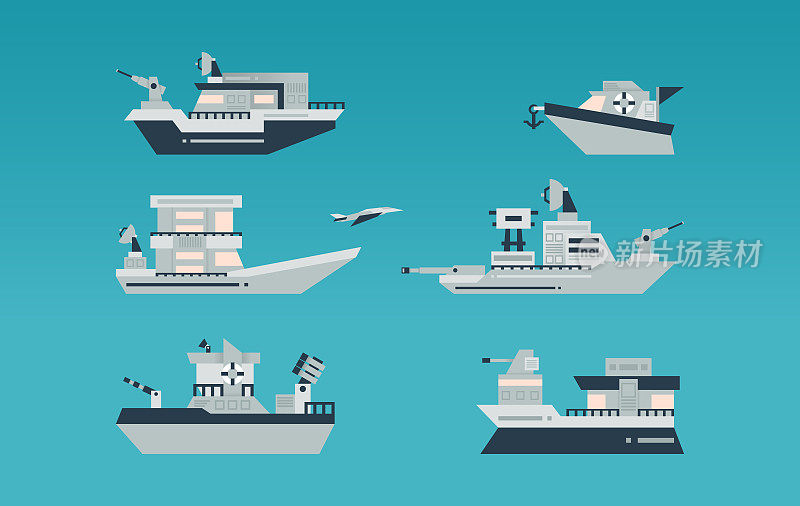 各种各样的船。海军,武装船只。驱逐舰、航空母舰、舰只、舰只。运输船舶。矢量插图。