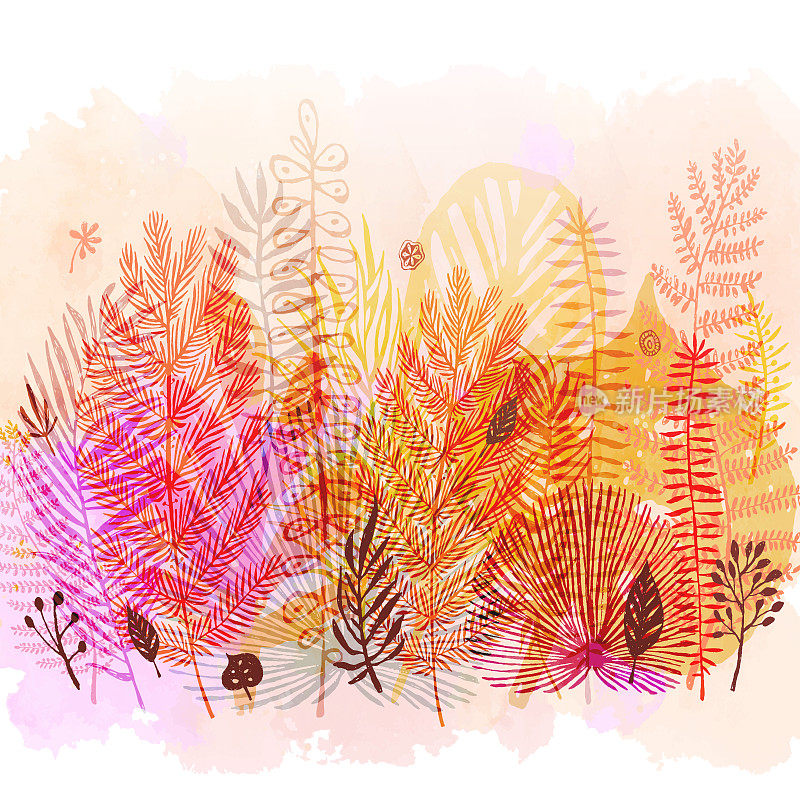 时尚的秋天异国树叶水彩背景。矢量植物插图，很棒的设计元素，祝贺卡，横幅和其他