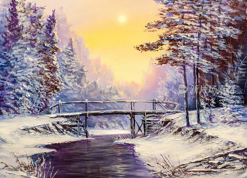 白色的桥横跨河面，冬天的风景