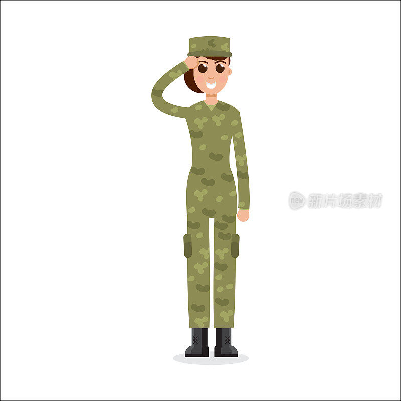 身着迷彩服的美国女士兵。矢量插图。