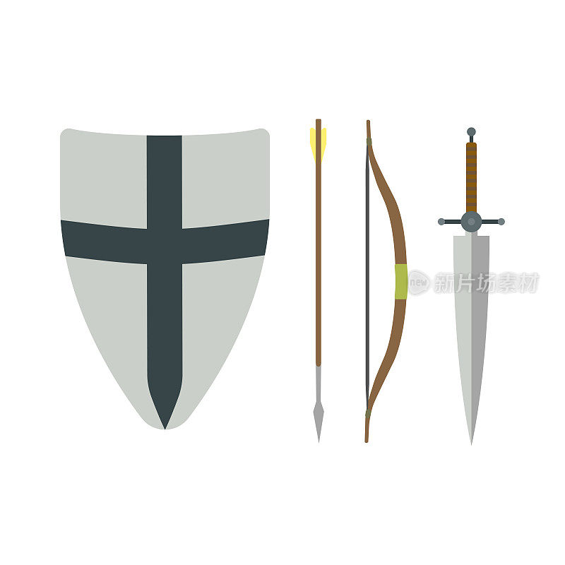 一套不同的中世纪武器矢量平面插图。