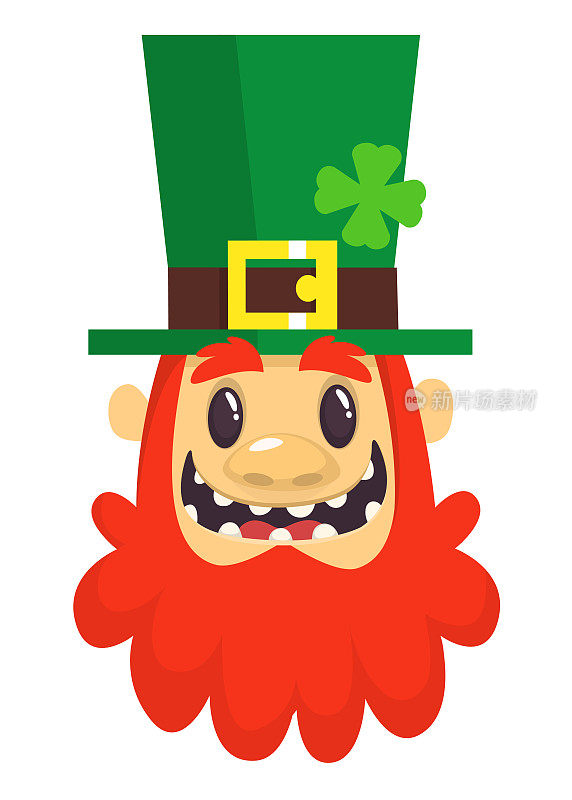 滑稽的卡通小精灵脸。红胡子的头。图为爱尔兰圣帕特里克节庆祝活动