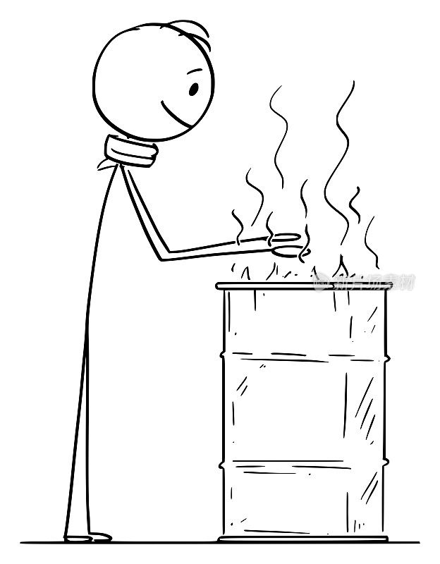 无家可归的人在燃烧的火的桶温暖的矢量卡通