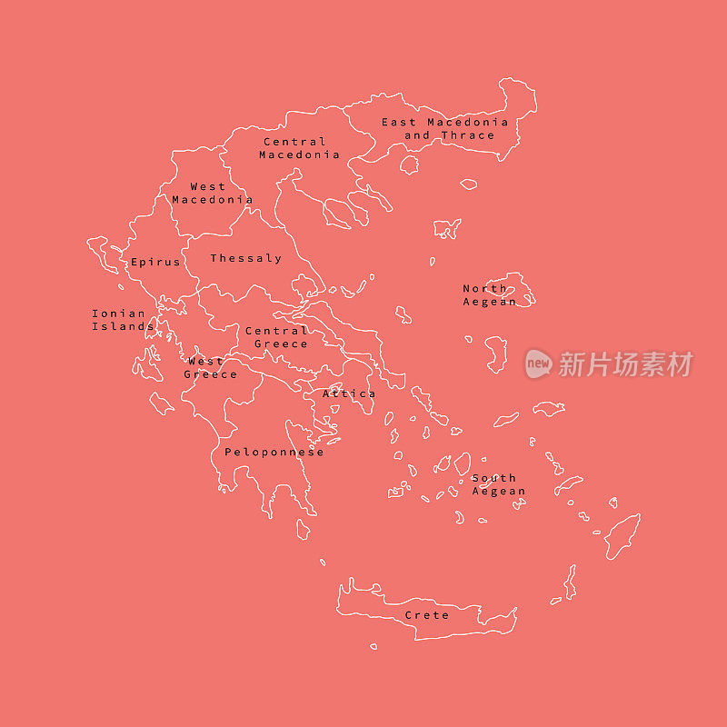 矢量轮廓希腊行政区划地图。矢量地图。