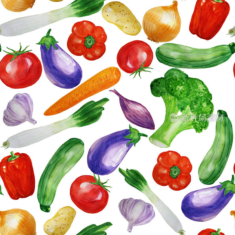 无缝图案与水彩手绘蔬菜。食品的背景。用于包装纸，网页背景，烹饪书