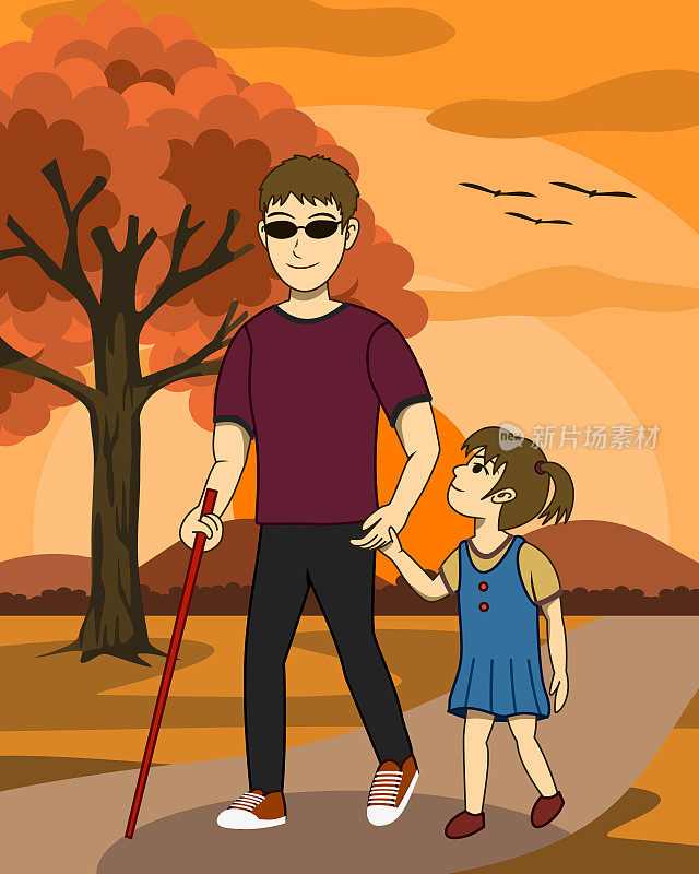 矢量插图的盲人和他的女儿一起走在公园日落。他的女儿照顾他，引导他。看上去都很快乐。这是一张可爱的全家福。