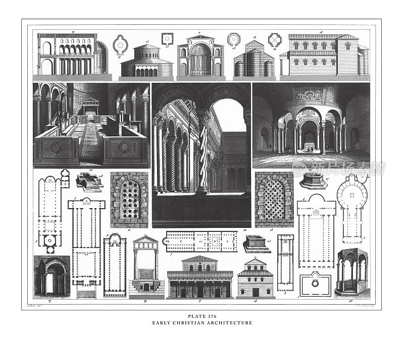 早期基督教建筑雕刻古董插图，出版于1851年