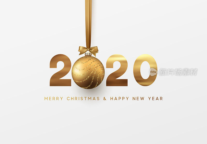 金色2020矢量新年快乐和圣诞贺卡
