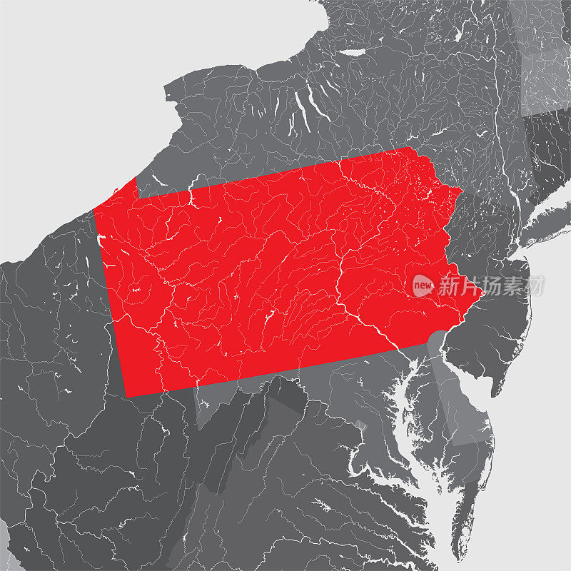 宾夕法尼亚州地图与湖泊和河流。