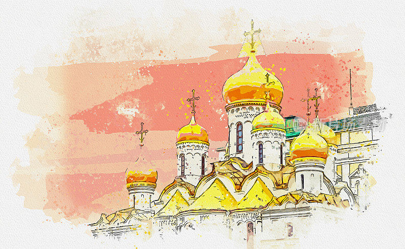 俄罗斯莫斯科大教堂广场上的报喜大教堂的水彩画。