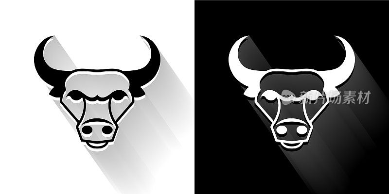 公牛和角黑色和白色图标与长影子