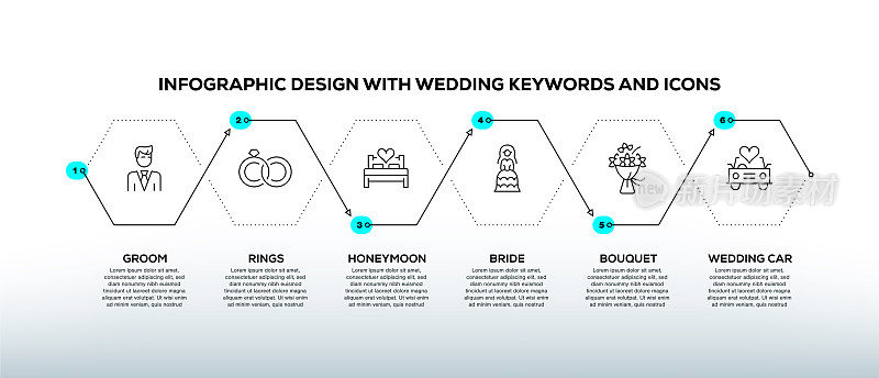 信息图表设计模板与婚礼的关键字和图标