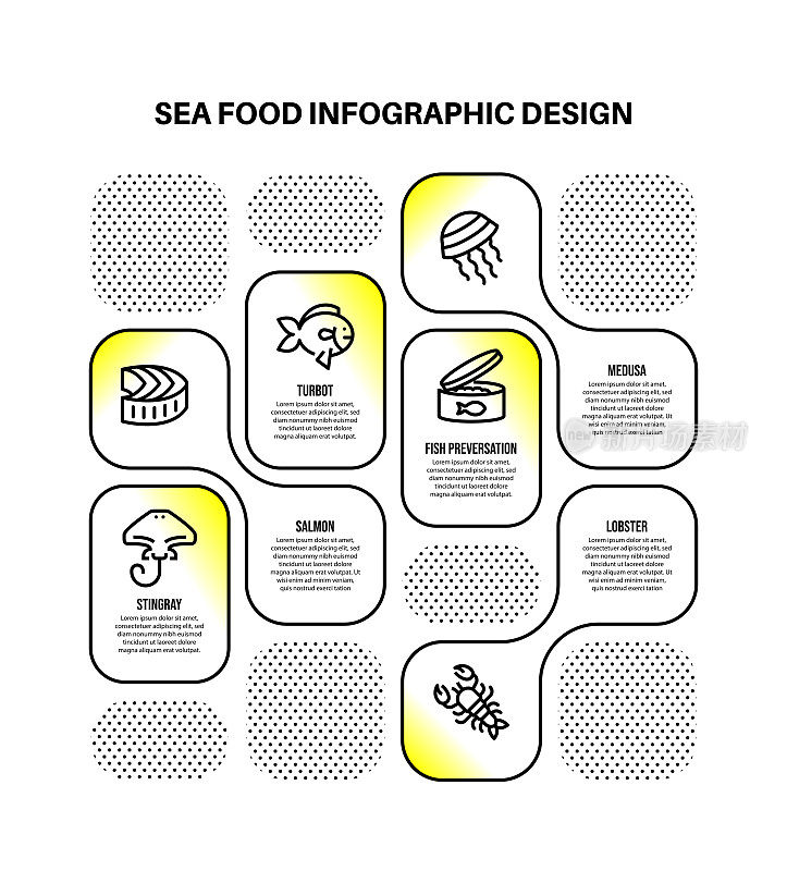 信息图表设计模板与海产品的关键字和图标