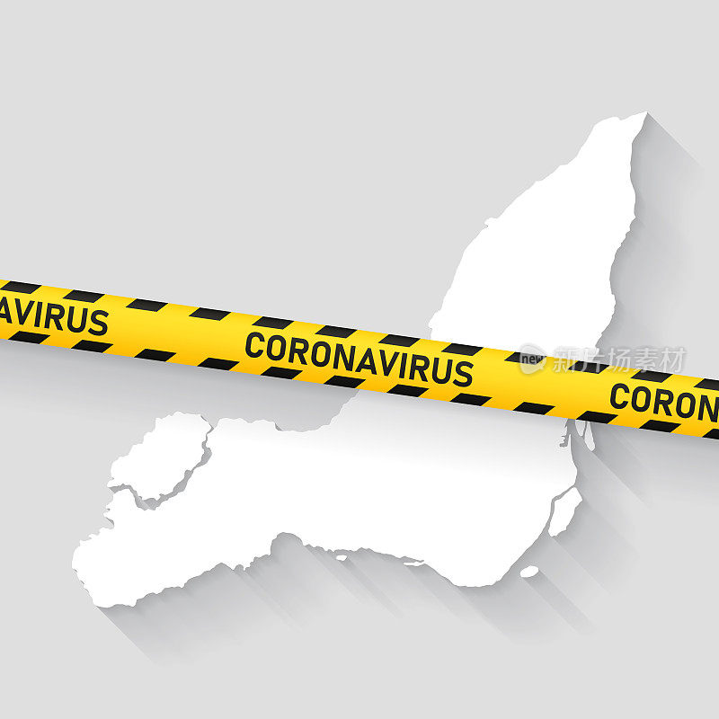 带有冠状病毒警告胶带的蒙特利尔岛地图。Covid-19爆发