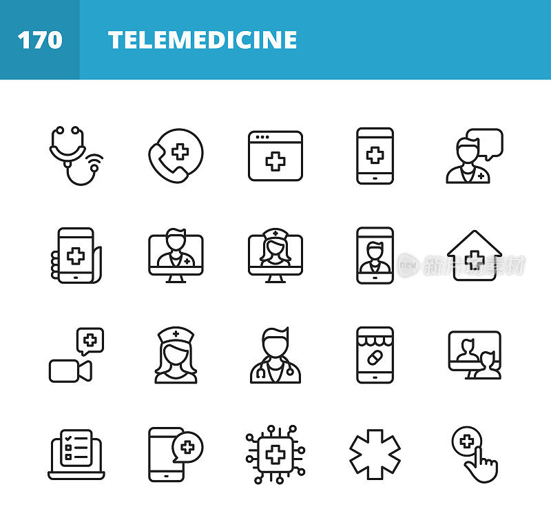 远程医疗线路图标。可编辑的中风。像素完美。移动和网络。包含听诊器、远程医疗、数字医疗、与医生视频通话、在线咨询、护士、医生、医疗保健中的人工智能等图标。