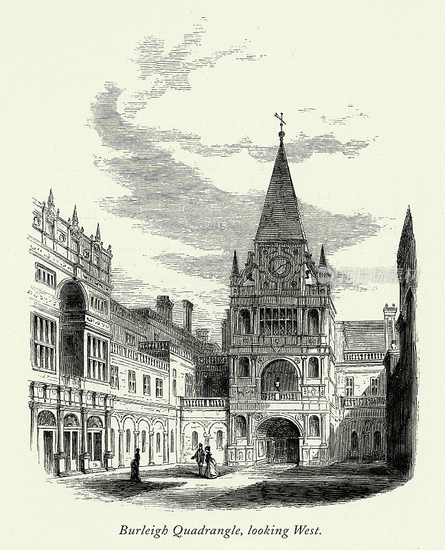 1875年，英国莱斯特郡，伯利大厅，朝西的方庭