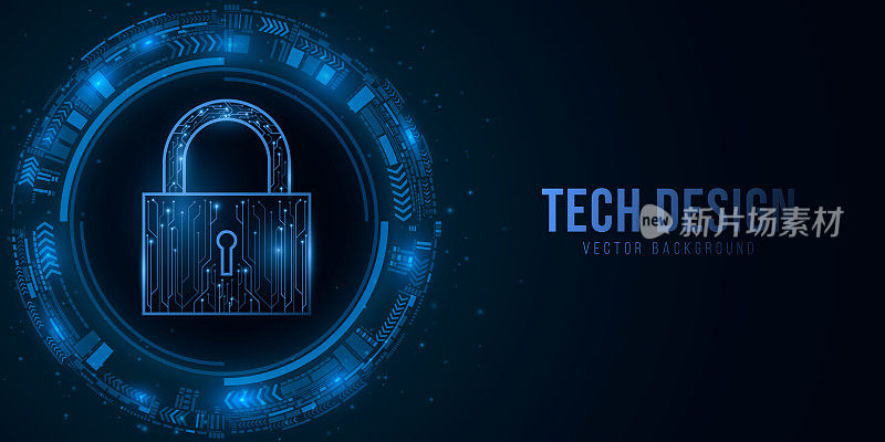 安全锁和科幻用户界面与HUD元素。计算机系统数据的密码保护。在黑暗的背景上发光的蓝色主板电路。矢量插图。