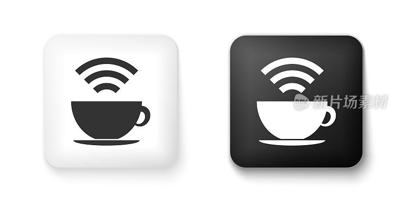 黑白杯咖啡店与免费wifi区图标隔离在白色背景。网络连接招牌。方形按钮。向量