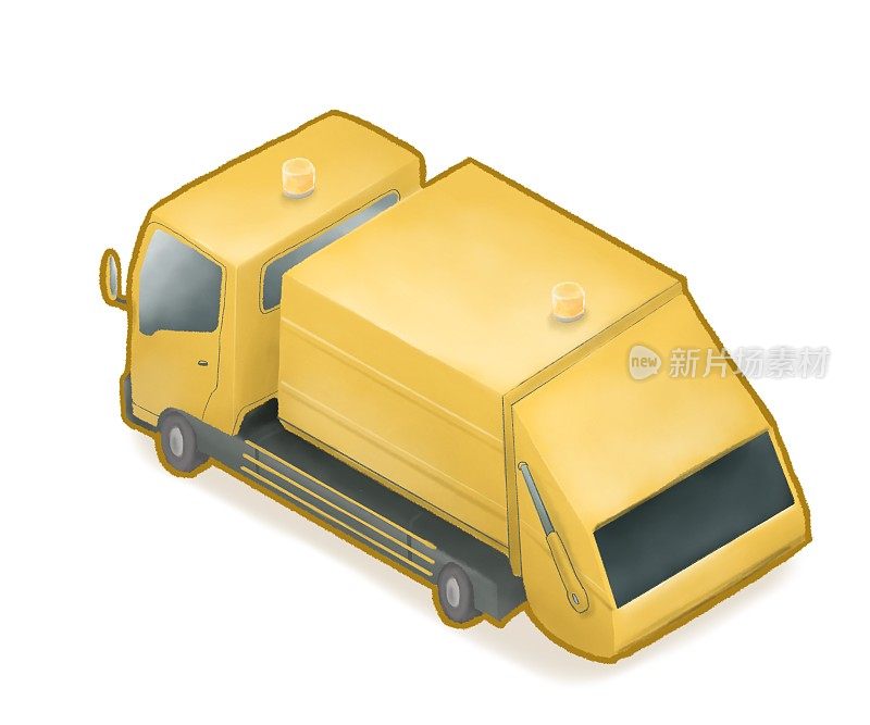 黄色垃圾车车、废品箱自卸车车等距卡通图标光栅插图