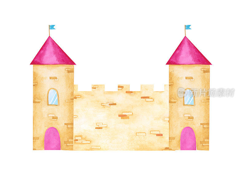 水彩画城堡，粉红色的屋顶塔楼在白色的背景。卡通石头城堡clipart。手绘的童话宫殿为公主隔离。可爱的王国剪辑艺术。