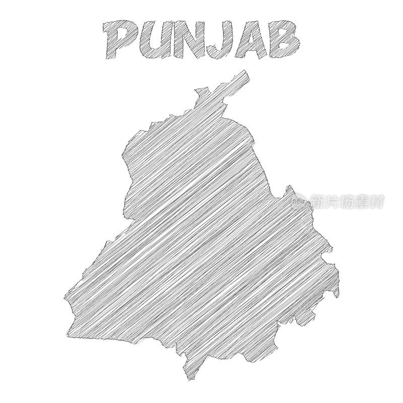 在白色背景上手绘的旁遮普地图