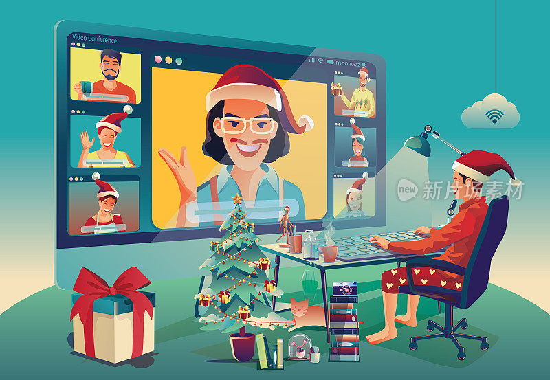 家庭使用视频会议圣诞和快乐新年的概念享受庆祝，装饰，持有礼物与圣诞祝福树股票插图