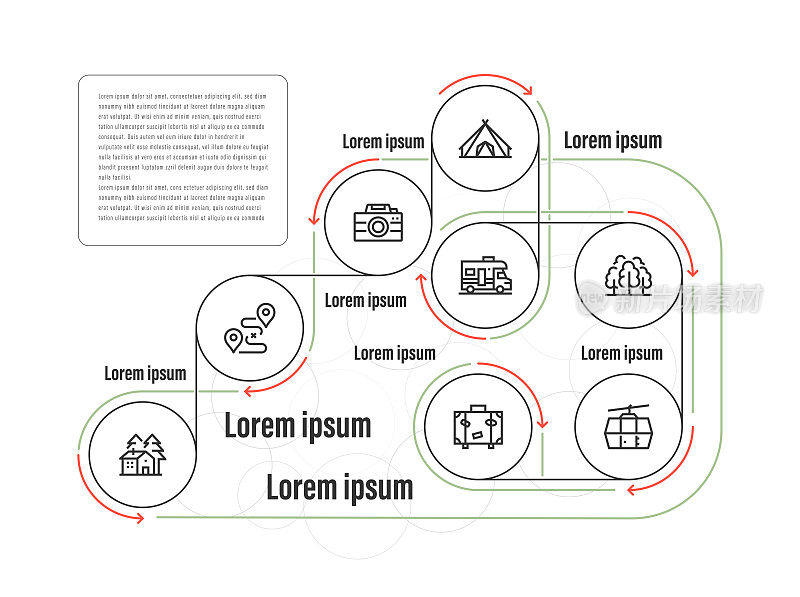 信息图表设计模板。山小屋，路线，摄影，帐篷，大篷车，森林，Telpher，手提箱图标8个选项或步骤。