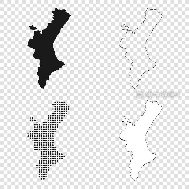 巴伦西亚社区地图设计-黑色，轮廓，马赛克和白色