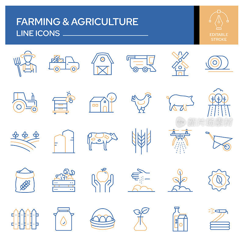 一套农业和农业相关的线图标。轮廓符号集合，可编辑的描边