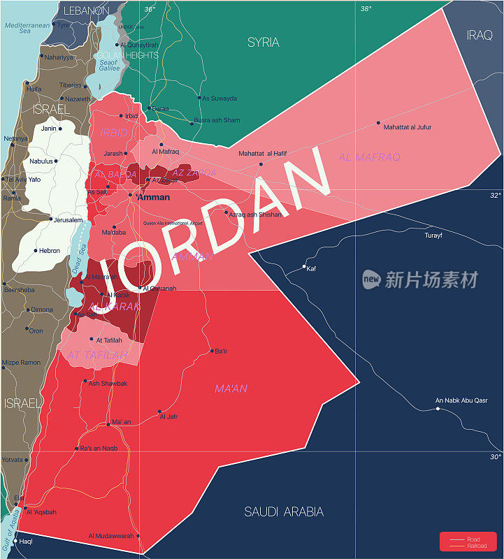 约旦国家详细的可编辑地图