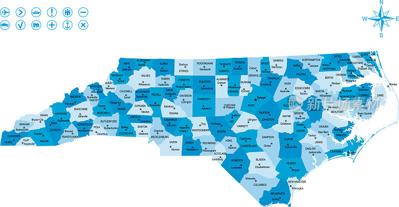 北卡罗莱纳州地图与图标和关键