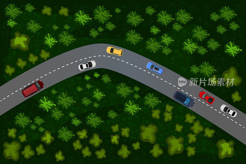 森林道路与汽车的俯视图。农村公路。用不同的车。