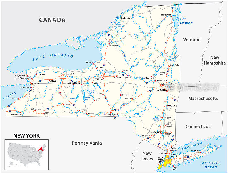 美国纽约州的路线图