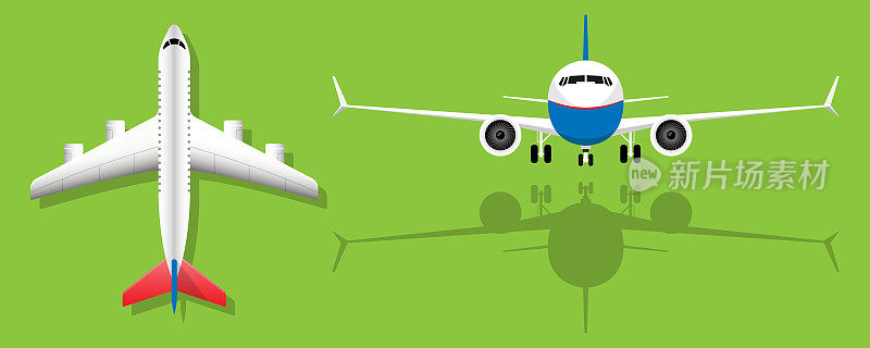 飞机在绿色背景客机前视图和顶部视图插图向量