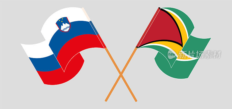 斯洛文尼亚和圭亚那的旗帜交叉飘扬