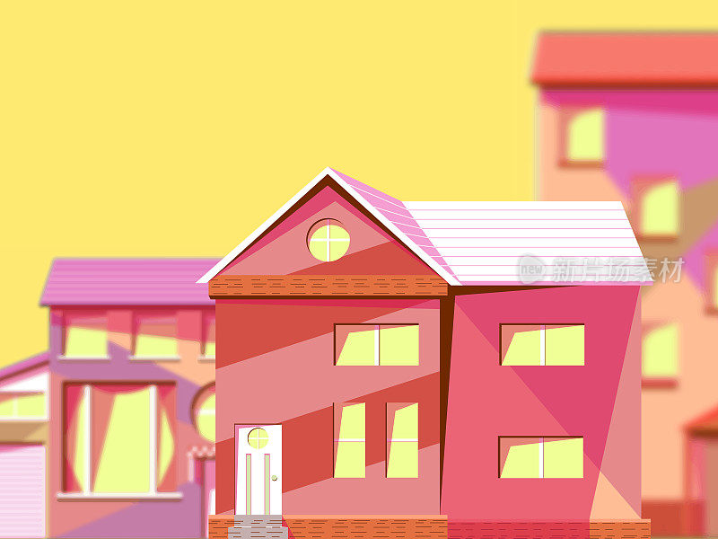 矢量插图的城市景观在透视-多彩的房子。