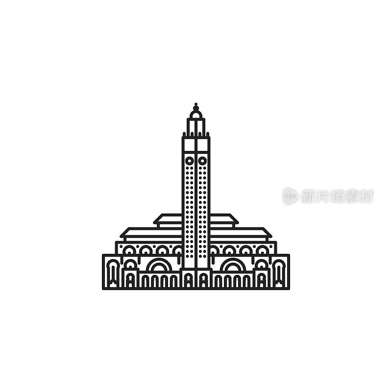 哈桑二世清真寺在卡萨布兰卡矢量线图标