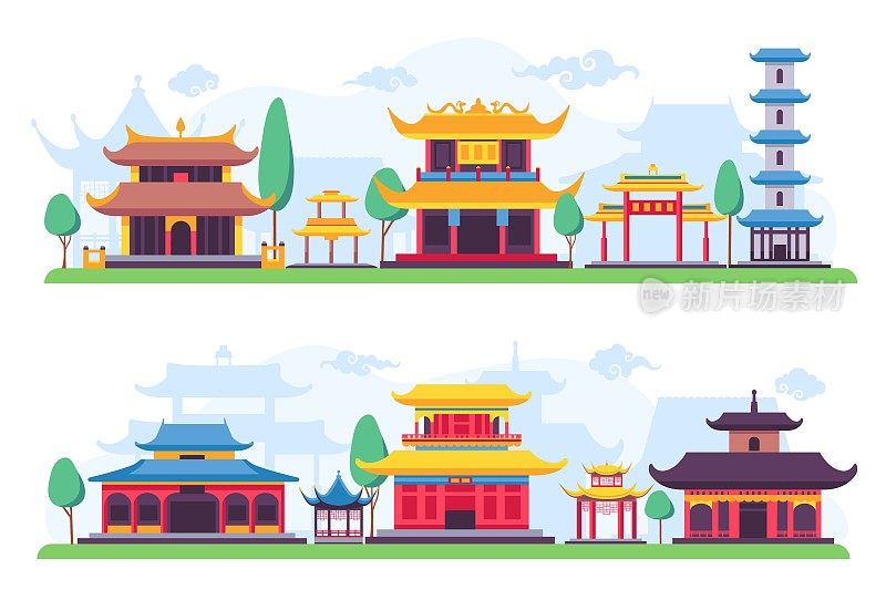 平坦的唐人街或中国古代城市街道景观。亚洲古老的建筑、房屋、庙宇和宝塔。卡通中国城矢量场景