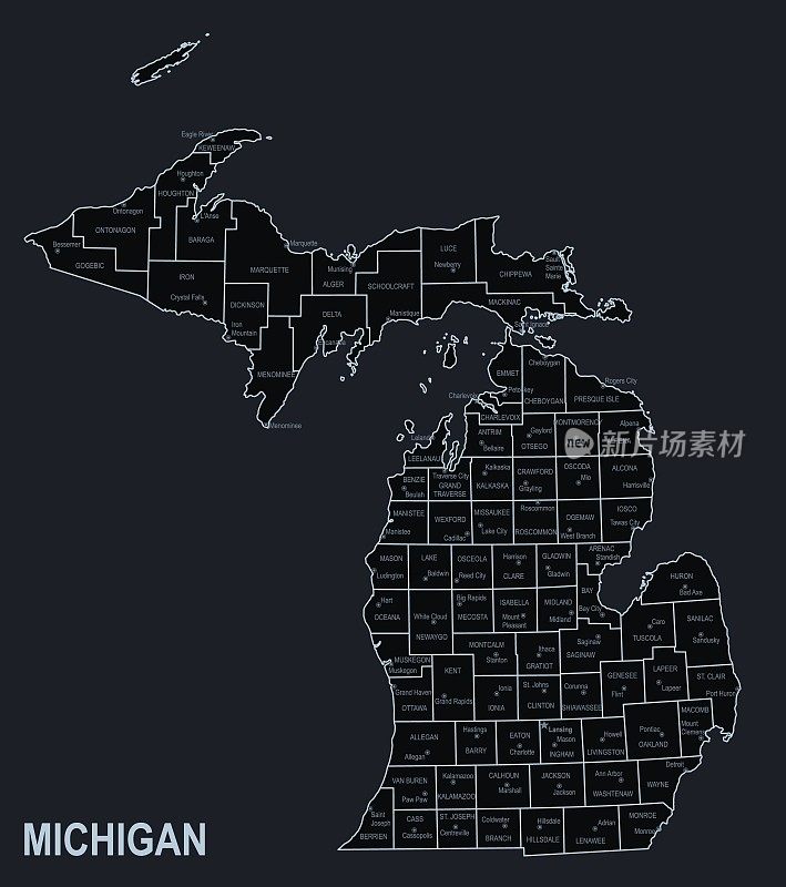 密歇根州的平地图与城市反对黑色的背景
