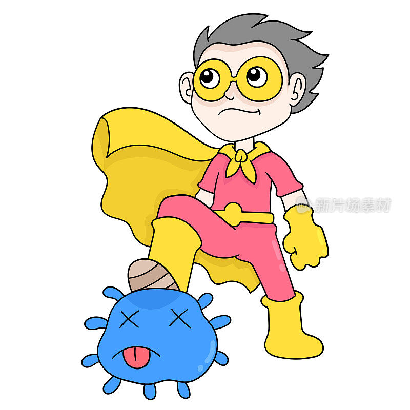 清洁超级英雄勇敢地根除病毒和淘气的细菌，矢量插图艺术。涂鸦图标形象卡哇伊。