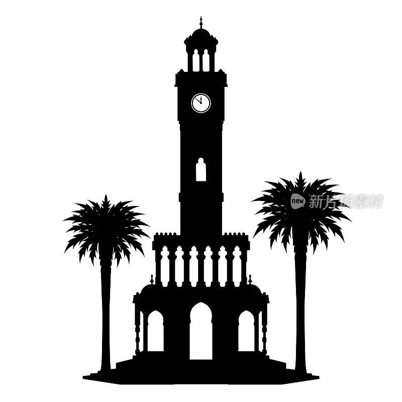 伊兹密尔钟楼和棕榈树的剪影