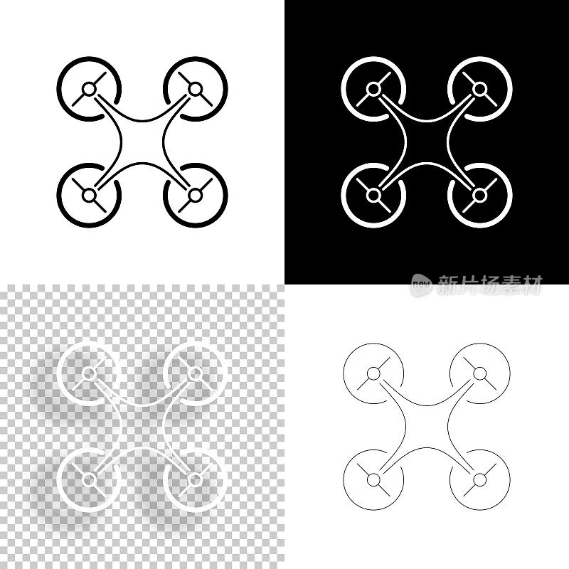 无人机――四轴飞行器。图标设计。空白，白色和黑色背景-线图标