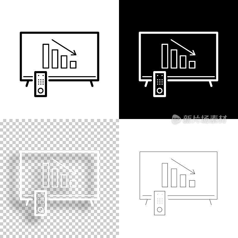 电视上的下降图表。图标设计。空白，白色和黑色背景-线图标