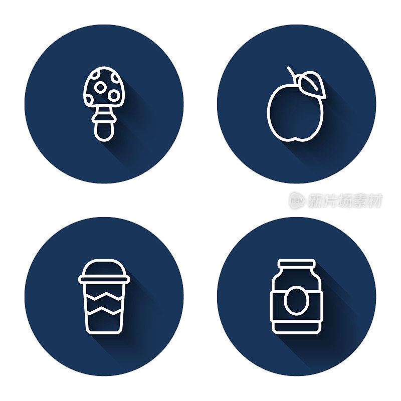 集飞耳菇、梅子果、咖啡杯外带和果酱罐长影。蓝色圆按钮。向量