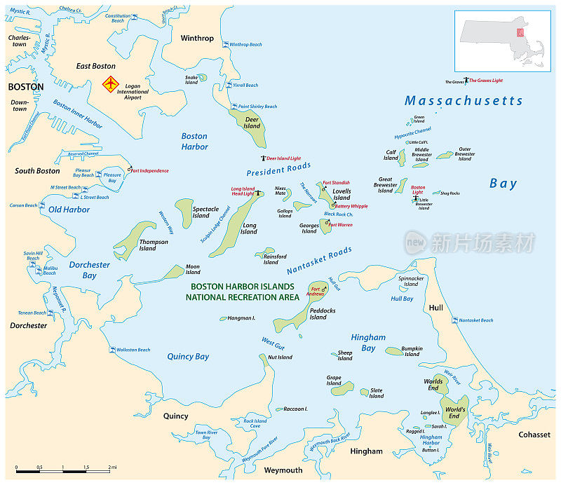 美国马萨诸塞州波士顿港群岛国家娱乐区地图