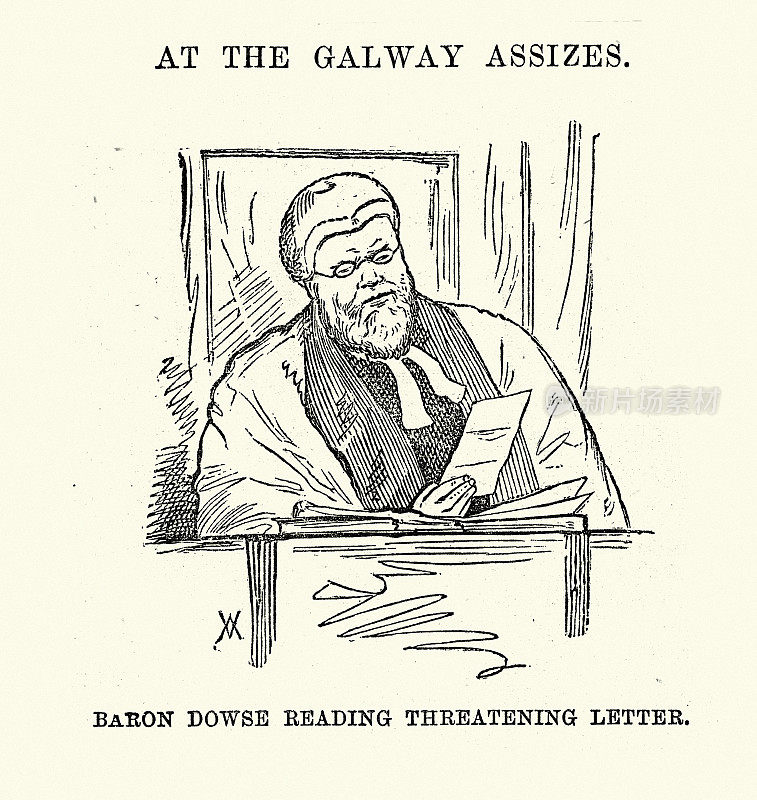 在戈尔韦巡回法庭上，19世纪维多利亚时代的法官理查德·道斯在读一封恐吓信