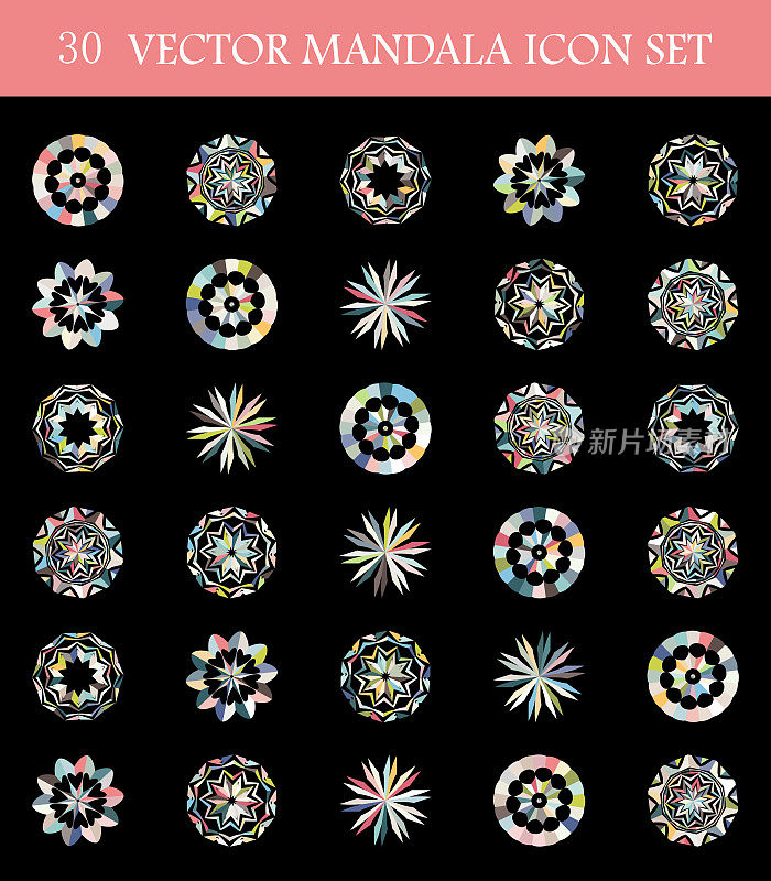 矢量抽象彩色马赛克纹理花卉图案曼荼罗戒指按钮图标集收集设计