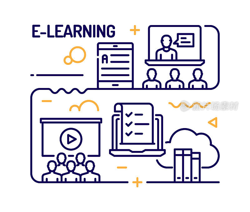 E-Learning概念，线风格矢量插图
