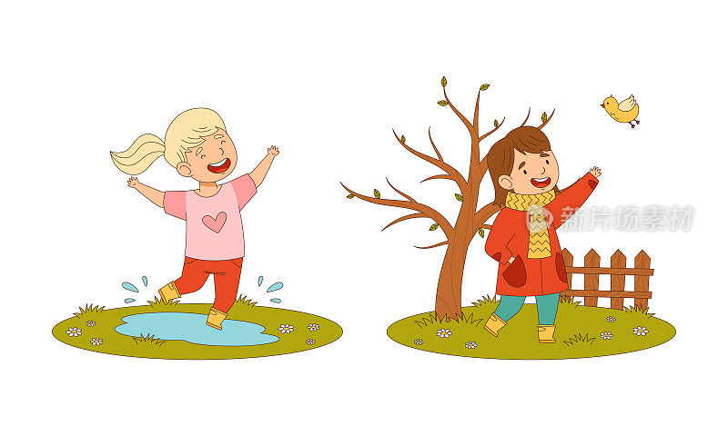 幼儿春季活动设置。女孩在水坑里跳和在公园里走卡通矢量插图